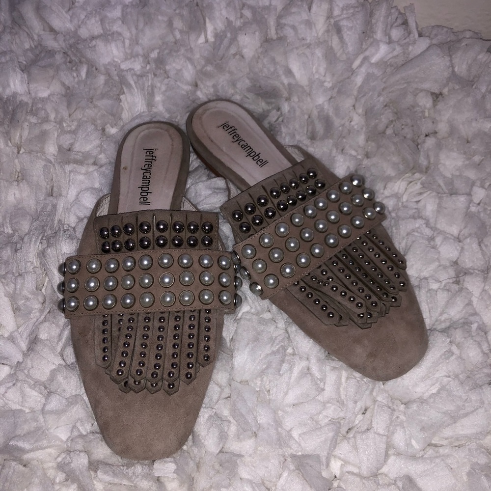 Jeffrey Campbell Ravis mules embellished with studs and pearls tan/taupe color